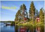 Text: "Finnland", "2027", "Casares Edition". Beschreibung: Rote Häuser am Seeufer, umgeben von hohen Bäumen und einem Steg am Wasser.