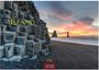 "Island", "2027", "CASARES EDITION"; Basaltfelsen am schwarzen Sandstrand mit farbenfrohem Sonnenuntergang.