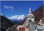 "NEPAL 2027" in weißen Buchstaben, darunter eine schneebedeckte Berglandschaft mit einem Steindenkmal im Vordergrund.