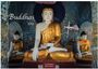 Texte: "Buddhas 2027", "CASARES EDITION". Drei Buddha-Statuen in meditativer Haltung, mit goldenen Roben, vor blauer Mosaikwand.