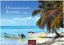 "Dominikanische Republik 2027", Casares Edition. Strand mit Palmen und Booten vor blauem Meer und klarem Himmel.