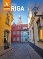 "MINI RIGA", "Free eBook". Kopfsteinpflastergasse, farbenfrohe Häuser, Kirchturm im Hintergrund.