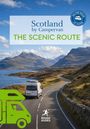 Text: "Scotland by Campervan. THE SCENIC ROUTE." Logo: blauer Kreis mit "ON THE ROAD AT HOME". Straße durch malerische Berglandschaft.