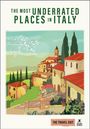 Text: "THE MOST UNDERRATED PLACES IN ITALY", "THE TRAVEL EDIT". Illustration eines italienischen Dorfes mit Zypressen, Hügeln.