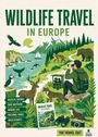 „WILDLIFE TRAVEL IN EUROPE“, Illustration von Natur und Tieren, inkl. Buch, Fernglas und Fotograf.