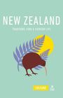 "NEW ZEALAND: TRADITIONS, FOOD & EVERYDAY LIFE" steht über einem Kiwi-Vogel vor Farnblättern mit gelbem Hintergrund.