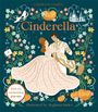 "Cinderella" oben, Illustration eines Tanzpaars mit Blumen, Schloss und Kürbissen, Text: "With six enchanting pop-ups".