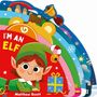Text: "I'M AN ELF". Illustration eines fröhlichen Elfen in grüner Kleidung, umgeben von bunten, weihnachtlichen Symbolen.