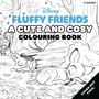 "FLUFFY FRIENDS A CUTE AND COSY COLOURING BOOK." Zwei schlafende Tiere im Wald, einer ist ein Reh, der andere ein Hase.