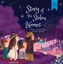 Text: "Story of the Stolen Homes, Author: Guzelya Marisova, Illustrator: Agia Putri." 

Vier Kinder blicken in den sternklaren Nachthimmel.