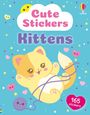 Text: "Cute Stickers Kittens", "165 stickers". Illustration: Verspieltes Kätzchen mit Wolle auf blauem Hintergrund, Herzen und Sterne.