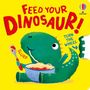 "Feed Your Dinosaur!", "Turn the Wheel". Ein grüner Dinosaurier isst Nudeln aus einer Schüssel mit einem Lächeln.