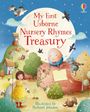 Text: "My First Usborne Nursery Rhymes Treasury." Illustration: Figuren auf einem Hügel mit Mond, Tieren und einer Schäferin.