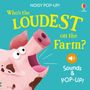 "Who's the LOUDEST on the Farm? Sounds & POP-UP!" Ein gezeichnetes Schwein mit offenem Mund, blauem Hintergrund.