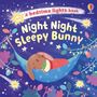 Text: "Night Night Sleepy Bunny", "A bedtime lights book". Illustration: Ein Hase schläft in einer Hängematte.