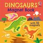 Text: "DINOSAURS Magnet Book with 10 magnets". Illustration von Dinosauriern, Vulkan, Bäumen und Fossilien in sonniger Landschaft.