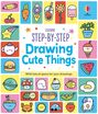 „STEP-BY-STEP Drawing Cute Things“ umgeben von illustrierten, lächelnden Objekten wie Essen, Tieren und Pflanzen.