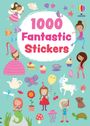 "1000 Fantastic Stickers" steht in großen rosa Buchstaben. Bunte Illustrationen von Feen, Tieren und Gegenständen umgeben den Text.