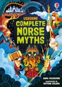 Text: "Usborne Complete Norse Myths". Illustration von mythologischen Figuren, darunter ein Gott mit rotem Bart und Hammer.