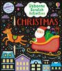 "Usborne Scratch Activities Christmas", Illustrationen von Weihnachtsmann im Schlitten mit Rentier, Geschenken und Schneeflocken.