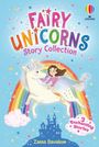 „FAIRY UNICORNS Story Collection“. Mädchen auf Einhorn vor Regenbogen und Schloss, Schmetterlinge und Sterne umgeben sie.