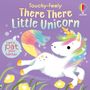"Touchy-Feely There There Little Unicorn. Let’s pat you better." Eine bunte Illustration eines Einhorns auf lila Hintergrund.