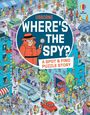 USBORNE WHERE'S THE SPY? A SPOT & FIND PUZZLE STORY. Illustration mit bunter Stadtszene voller Menschen und Aktivitäten.