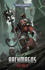 "Warhammer 40,000" und "ARCHMAGOS GUY HALEY". Illustration: Roboter in roten Roben mit mechanischen Gliedmaßen in futuristischer Umgebung.