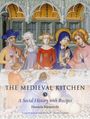 Text: "THE MEDIEVAL KITCHEN: A Social History with Recipes; Hannele Klemettilä." 

Illustration: Eine mittelalterliche Szene mit Menschen beim Essen.