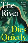 "The River Dies Quietly" in Weiß und Gelb. Abstrakte, fließende Muster in Grüntönen im Hintergrund.