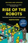 Text: „Revised and updated“, „Rise of the Robots“, „Martin Ford“. Illustration: Roboter in Büros, Mensch kehrt Boden.