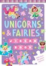 Text: "UNICORNS & FAIRIES JIGSAW BOOK. With four 24-piece jigsaws." Illustration mit Einhörnern und Feen in Puzzleformen.