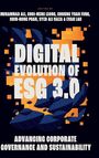 "Digital Evolution of ESG 3.0" steht in großen Buchstaben, umgeben von blauen Blättern und orangefarbenen Quadraten.
