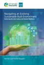Titel: Navigating an Evolving Sustainable Built Environment. Hand hält grüne, futuristische Stadt, Globus im Hintergrund.
