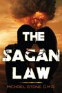 Text: "THE SAGAN LAW" und "MICHAEL STONE, D.M.A." Eine Silhouette eines Paares vor einer Explosion.