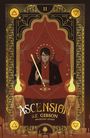 "Ascension. St. Gibson. Bestselling Author." Illustration eines mystischen Mannes mit Stab und okkulter Symbolik.