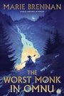 Titel: "The Worst Monk in Omnu". Illustration eines Mönchs am Wasserfall in nächtlicher Berglandschaft.