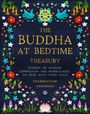 "The Buddha at Bedtime Treasury" ist in goldener Schrift auf einem Hintergrund mit bunten Blumen und Vögeln verziert.