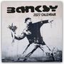 Oben steht "Banksy 2027 Calendar". Darunter eine bekannte Illustration: Eine Person wirft einen Blumenstrauß.