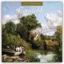 „2027 Calendar“ und „Constable“. Landschaftsgemälde mit Fluss, Boot, Pferden, Bäumen und einem Haus im Hintergrund.