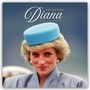 Text: "Princess Diana 2027 Calendar". Eine lächelnde Frau trägt einen blauen Hut und ein passendes Kleid.