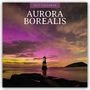 Text: "2027 Calendar" und "Aurora Borealis". Ein Leuchtturm vor einem lila und gelb leuchtenden Himmel in der Nacht.