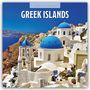 Text: "2027 Calendar", "Greek Islands". Hafenstadt mit bunten Häusern an einem Hügel, klare blaue See, Motorboot im Vordergrund.