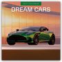 "2027 CALENDAR" und "DREAM CARS". Ein grünes Sportauto vor einer modernen, verglasten Architektur bei Sonnenuntergang.