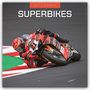 "2027 CALENDAR SUPERBIKES" oben. Ein Motorradrennfahrer neigt sich in einer Kurve auf einer Rennstrecke.