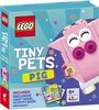 LEGO "TINY PETS PIG", exklusives Modell, Buch, 6+, 43 Teile. Bild eines rosa LEGO-Schweins, bunter Hintergrund mit Sternen.
