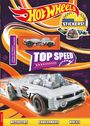 "Hot Wheels", "Awesome Stickers!", "Top Speed", "Activities", "Challenges", "Races". Ein Sportwagen auf buntem Hintergrund.