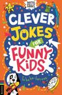 "Clever Jokes for Funny Kids" steht in bunten Buchstaben. Bunte Illustrationen: Sterne, Hund, Stift, Uhr. Fröhliches Design.