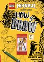 "HOW TO DRAW", "6+", "6 pcs", "INCLUDES MASTER WU MINIFIGURE". Gelbes Design mit Drachenillustrationen und einer LEGO Minifigur.
