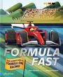 "FORMULA FAST" - Illustration eines roten Formel-1-Autos auf der Rennstrecke, im Hintergrund eine jubelnde Menge.